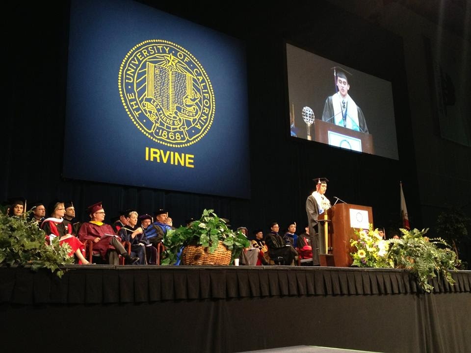 Sean Burke giving commencement speech at UCI