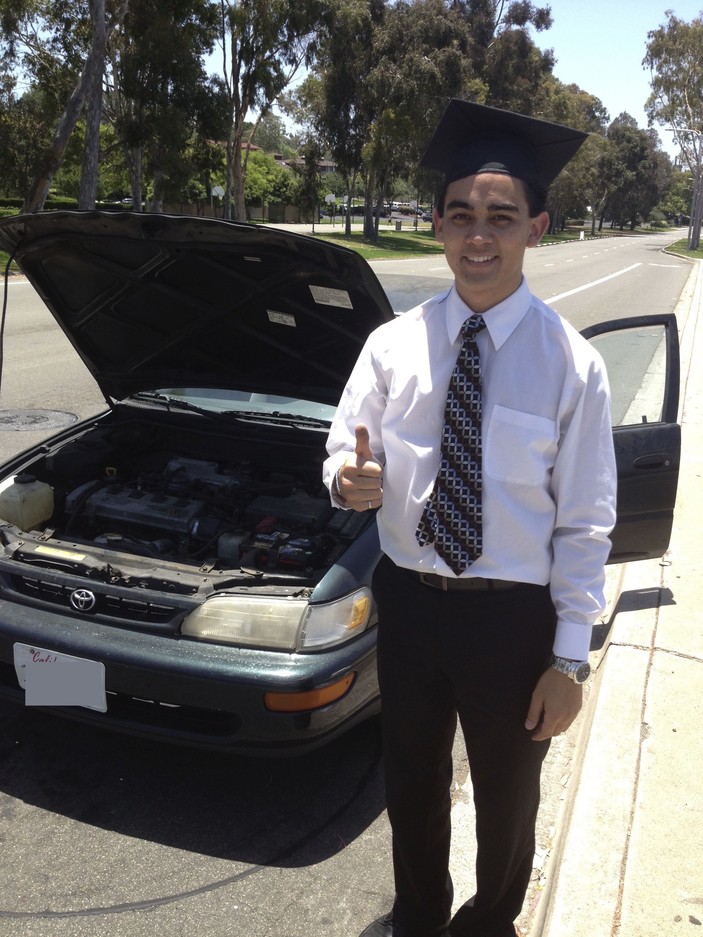 Sean Burke graduating and car breaking down